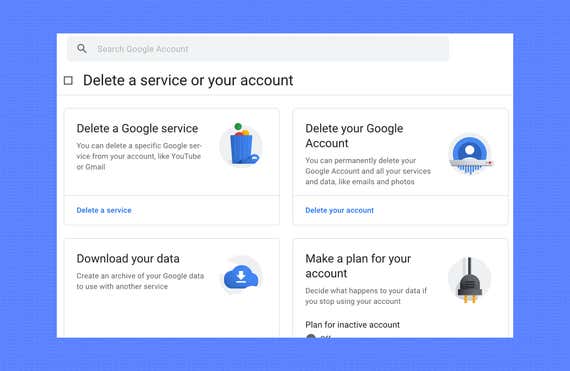  عکس صفحه تنظیمات برای یک حساب Google ، با گزینه های حذف سرویس یا کل حساب. 