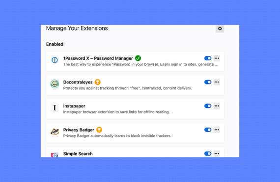  عکس صفحه یک صفحه تنظیمات برای مدیریت برنامه های افزودنی مرورگر شما ، نمایش داده می شود که فعال هستند. 